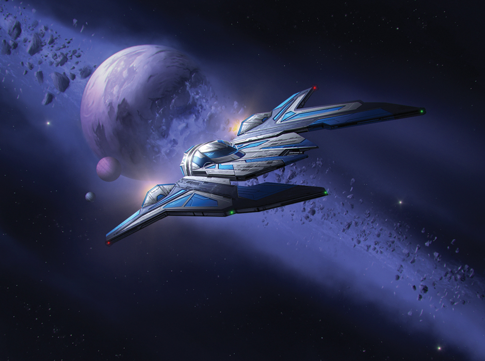 A modified Kom'rk-class fighter/transport patrols Concord Dawn.