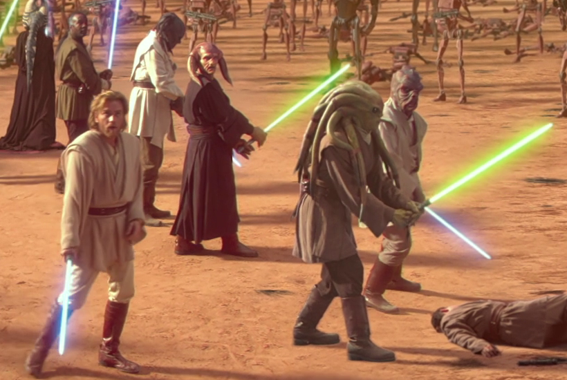 Saesee Tiin stands among fellow surviving Jedi during the battle of Geonosis