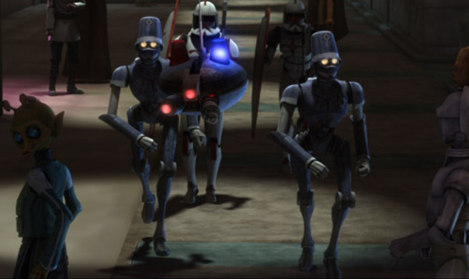 Coruscant Police and troopers pursue Kryze.