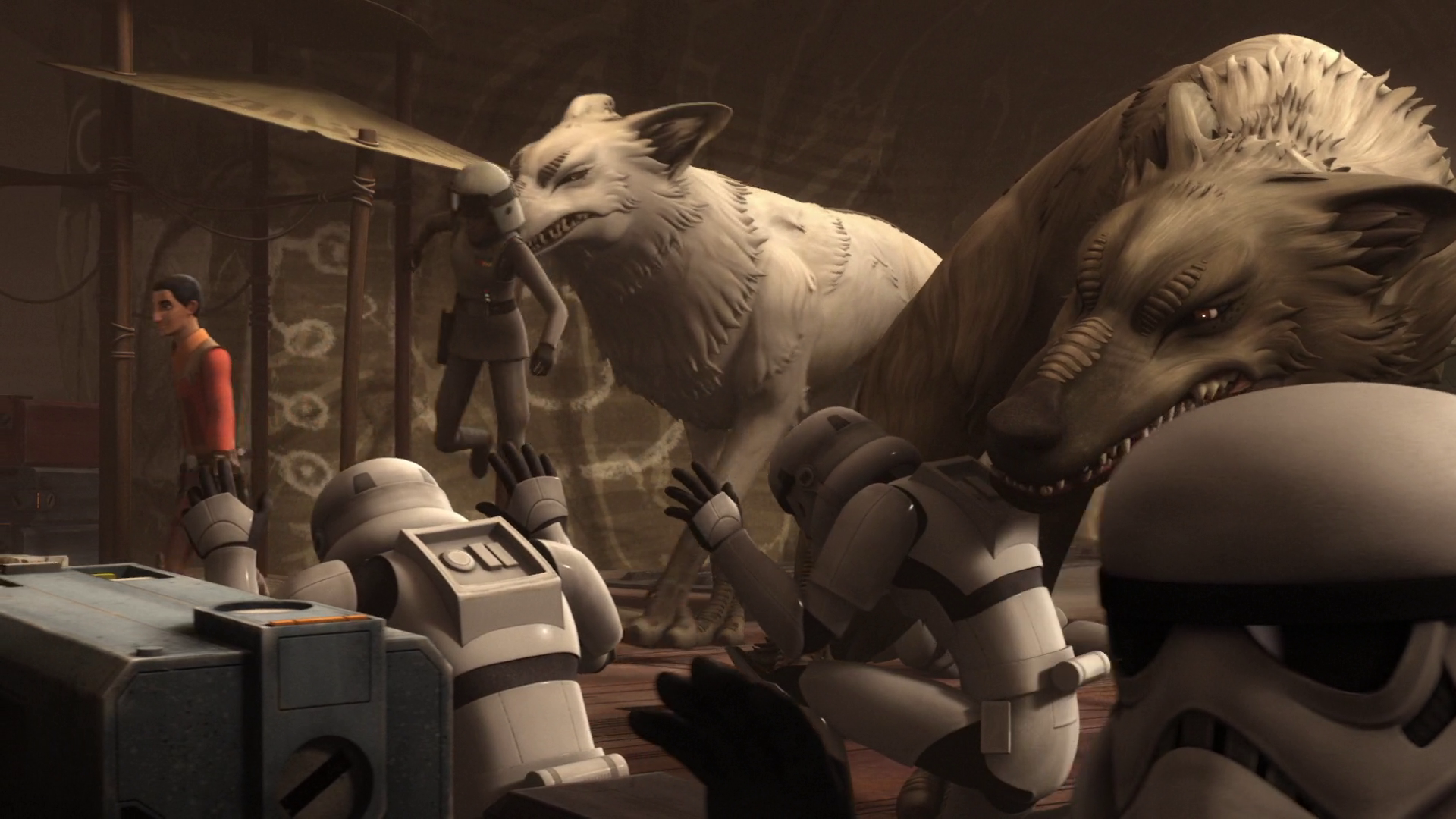 A captured and struggling Governor Pryce is carried by the white Loth-wolf.