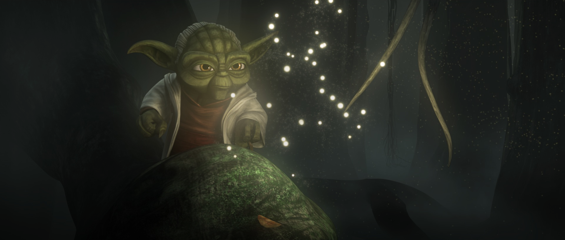 Jinn's spirit explains to Yoda how the connection between the Living Force and Cosmic Force helped him retain his identity after death.