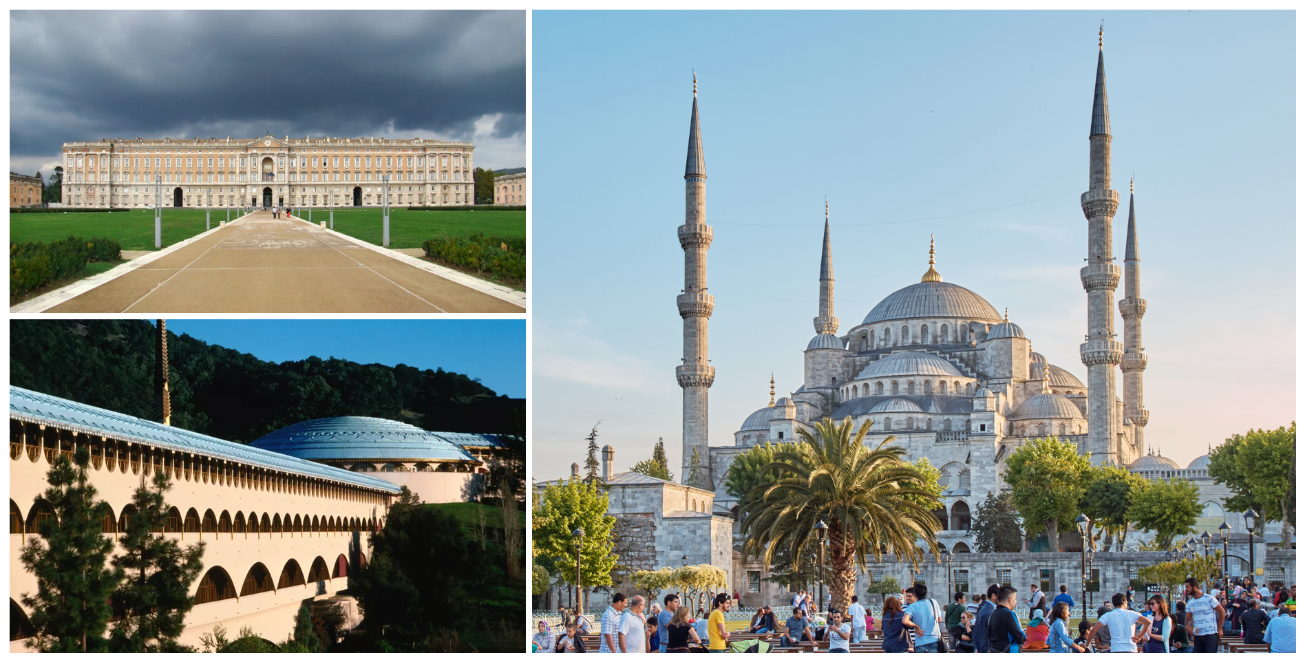 The Palazzo Reale (top left) was used as the palace interior, and the Marin County Civic Center (bottom left) and Blue Mosque (right) served as inspiration for the palace's exterior.