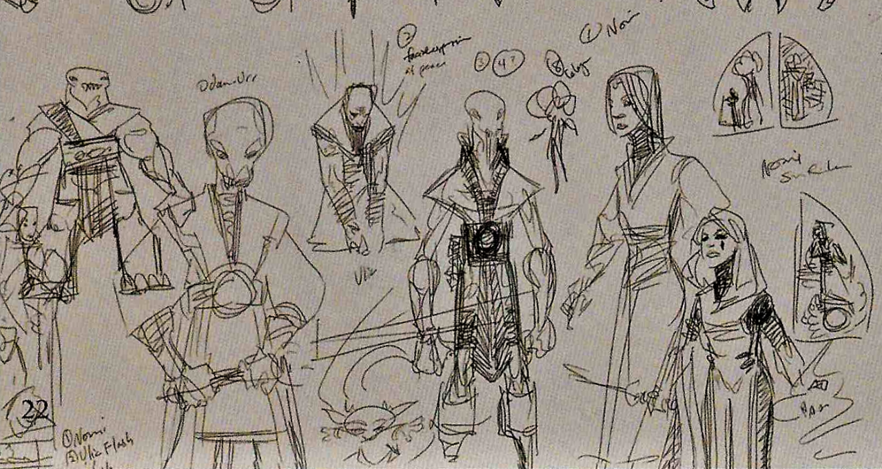 Concept sketches of Odan-Urr, Nomi Sunrider and Ulic Qel-Droma from The Art of Star Wars: The Clone Wars.