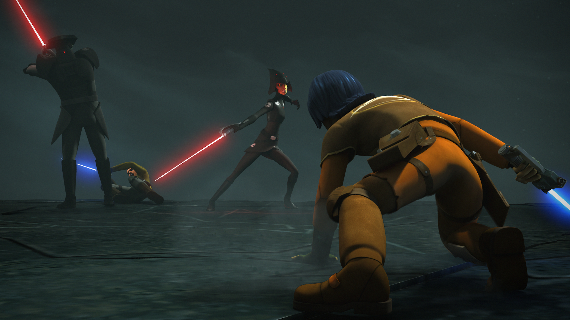 Kanan and Ezra fight the Inquisitorius on Oosalon.