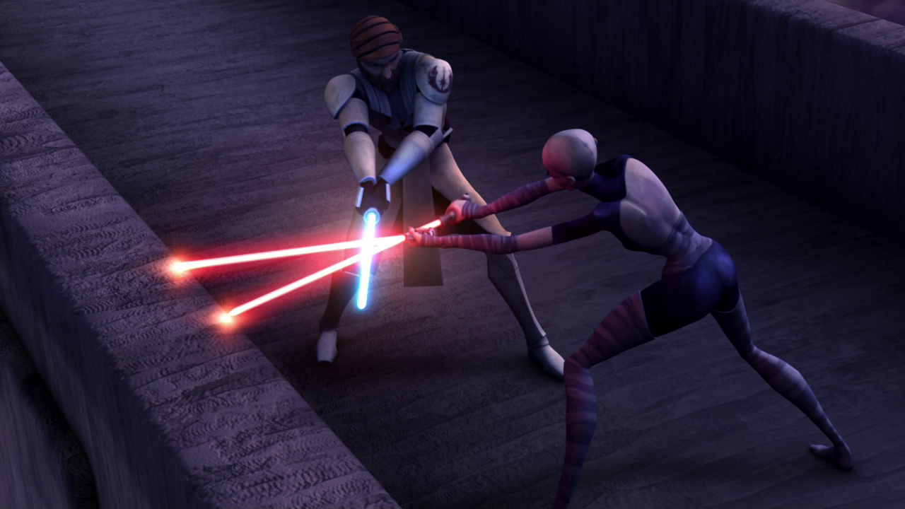 Kenobi and Ventress engage in lightsaber combat