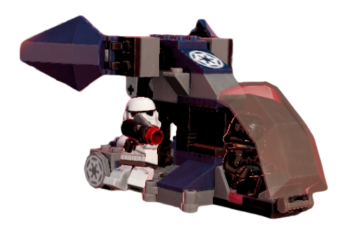 The Imperial Dropship is piloted by a shadow trooper in LEGO Star Wars Battles.