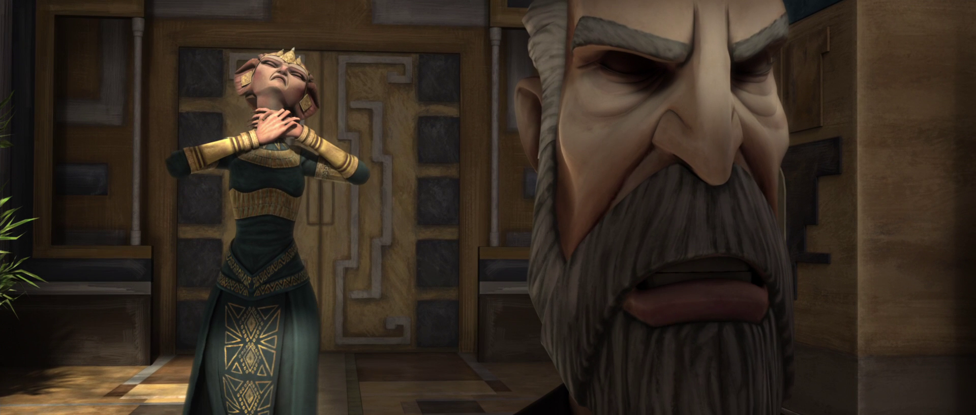 Dooku Force choking Queen Miraj Scintel for her threats.