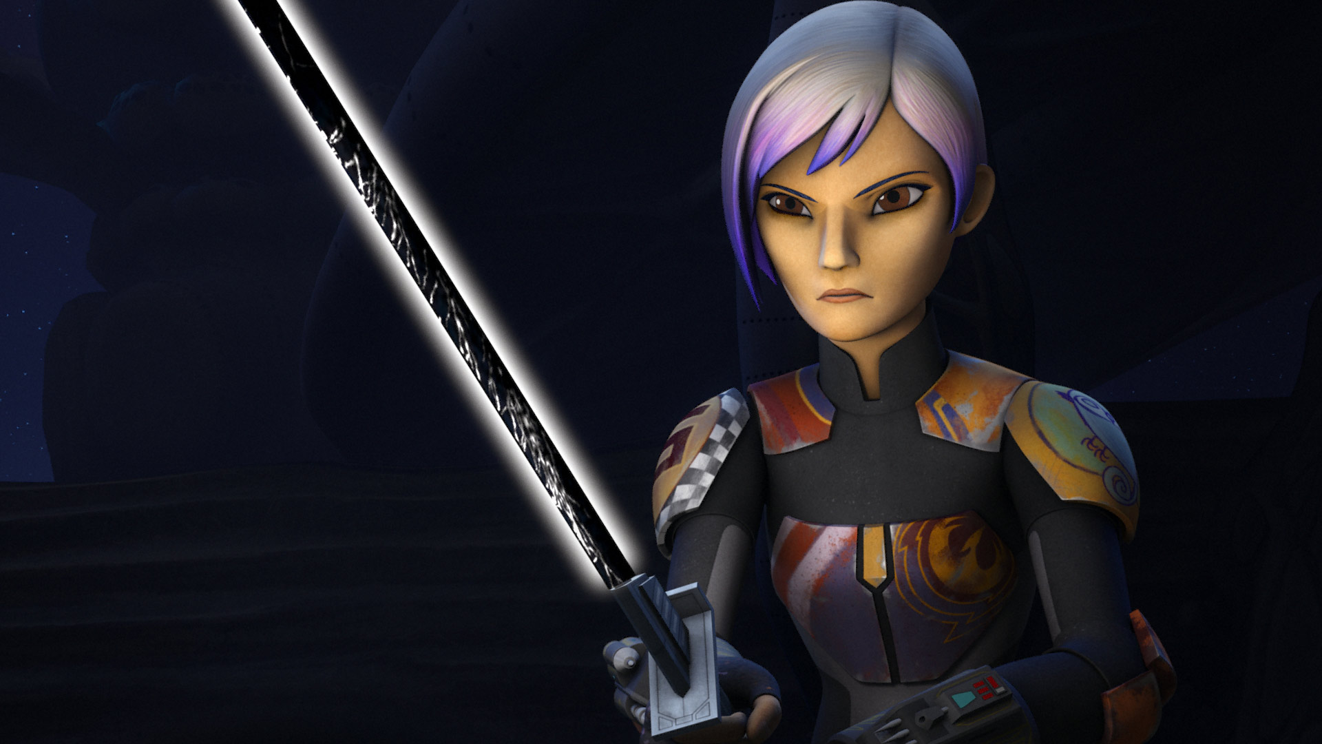 Sabine Wren wielding the Darksaber.