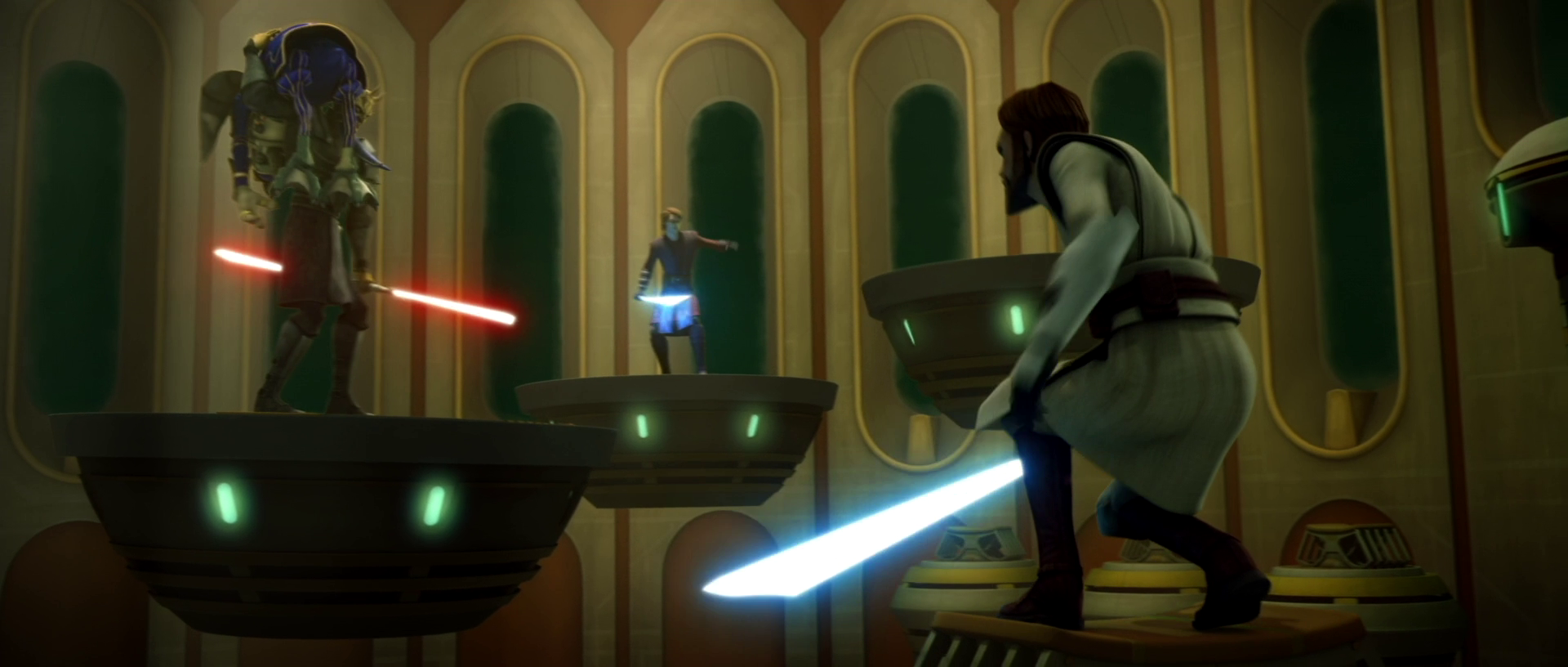 Opress, carrying Katuunko's corpse, was confronted by two Jedi.