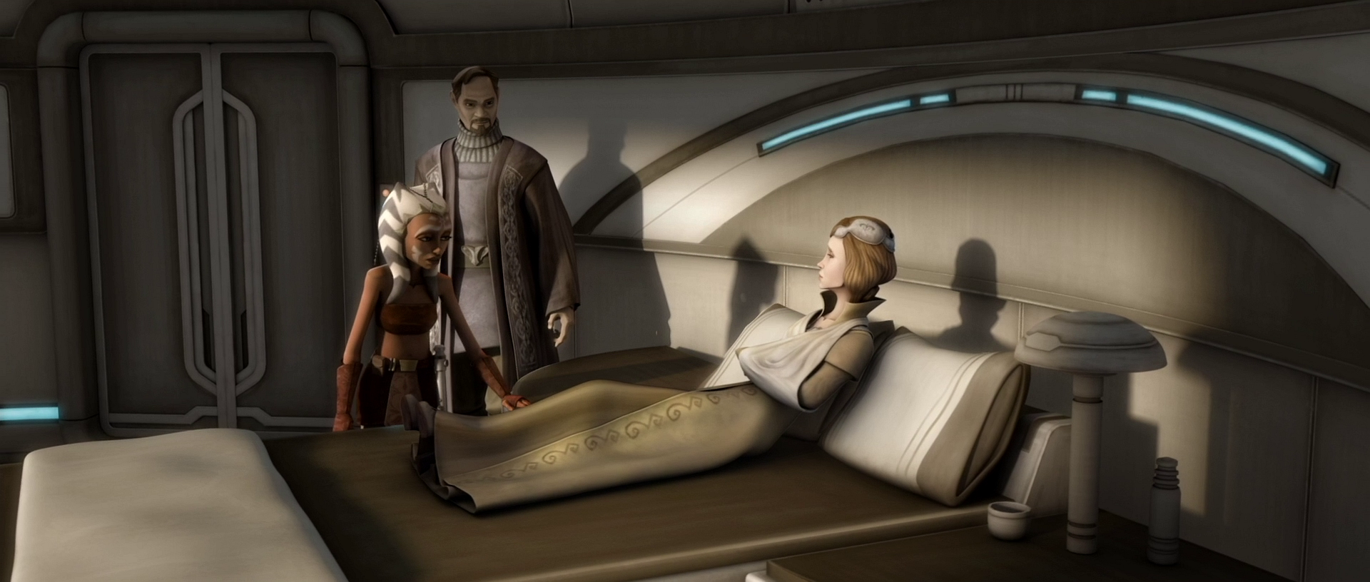 Organa and Padawan Tano ensure that Amidala is alright after the assassination attempt.