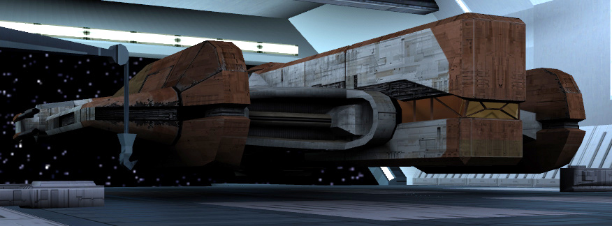 The Ebon Hawk in the Leviathan's hangar.