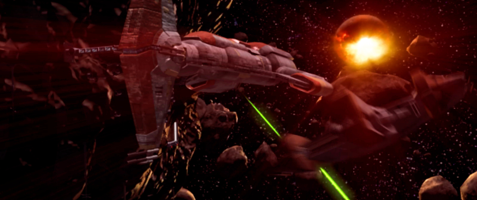 The Harbinger fires at the Ebon Hawk.