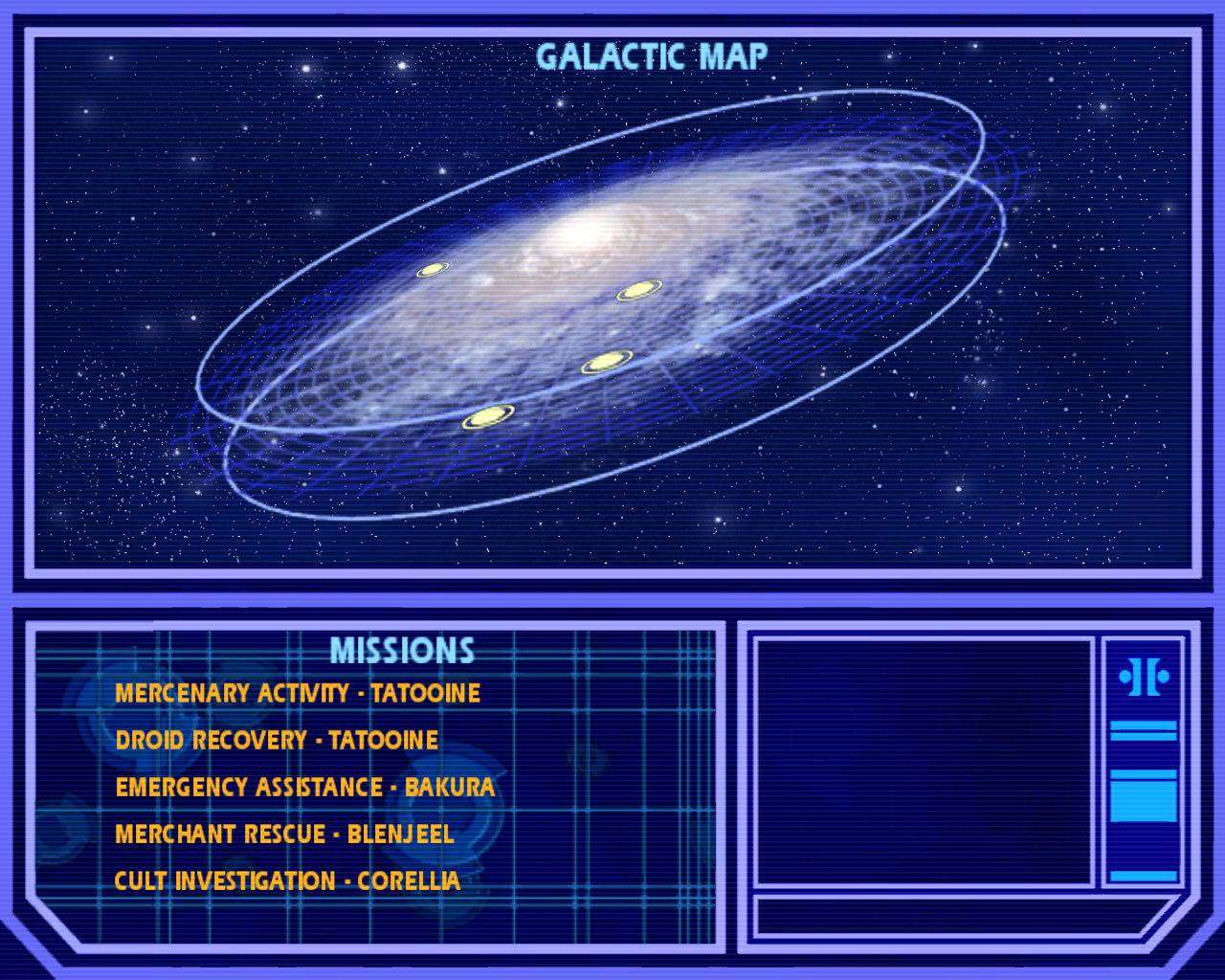 The mission select screen in the Jedi Academy video game