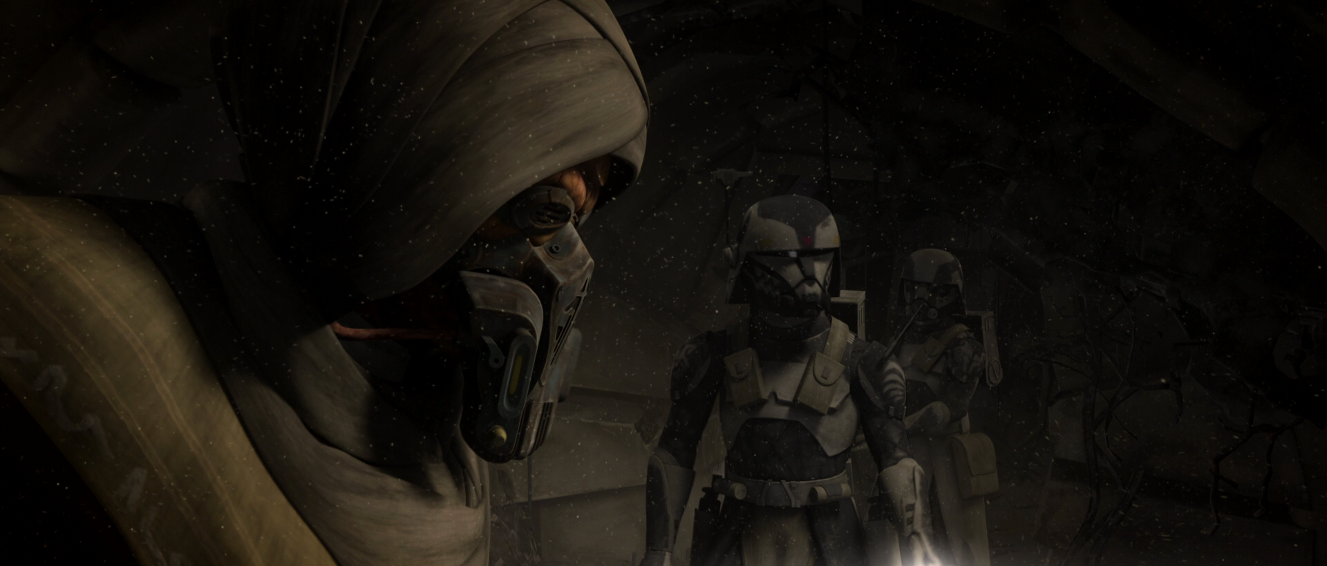 Koon and Wolffe examine the wreckage of Sifo-Dyas's T-6 shuttle on the Oba Diah moon.