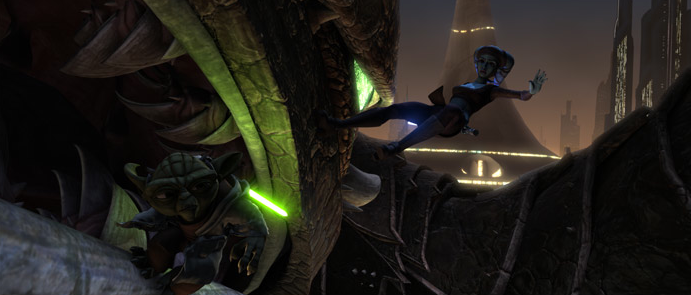 Aayla Secura and Yoda attempt to distract the Zillo beast.