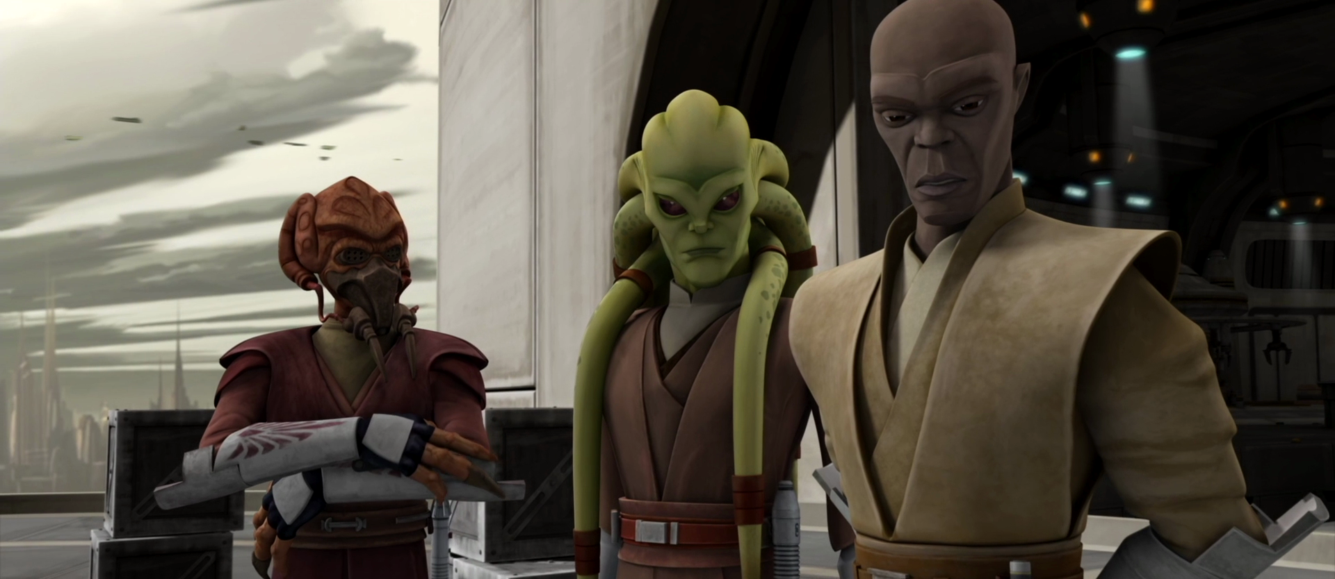 Plo Koon, Kit Fisto, and Mace Windu discuss the events that had transpired at the Citadel.