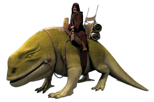 A dewback ridden by Obi-Wan Kenobi