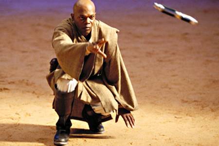 Mace Windu uses Force Pull on his lightsaber.