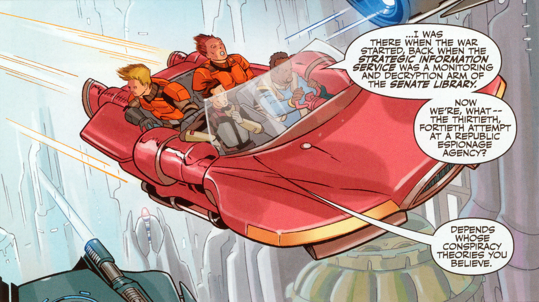 Trant in a speeder with his bodyguards and Agent Shan