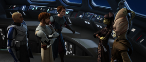 Rex meets with the Jedi on the bridge of Poggle the Lesser's transport.