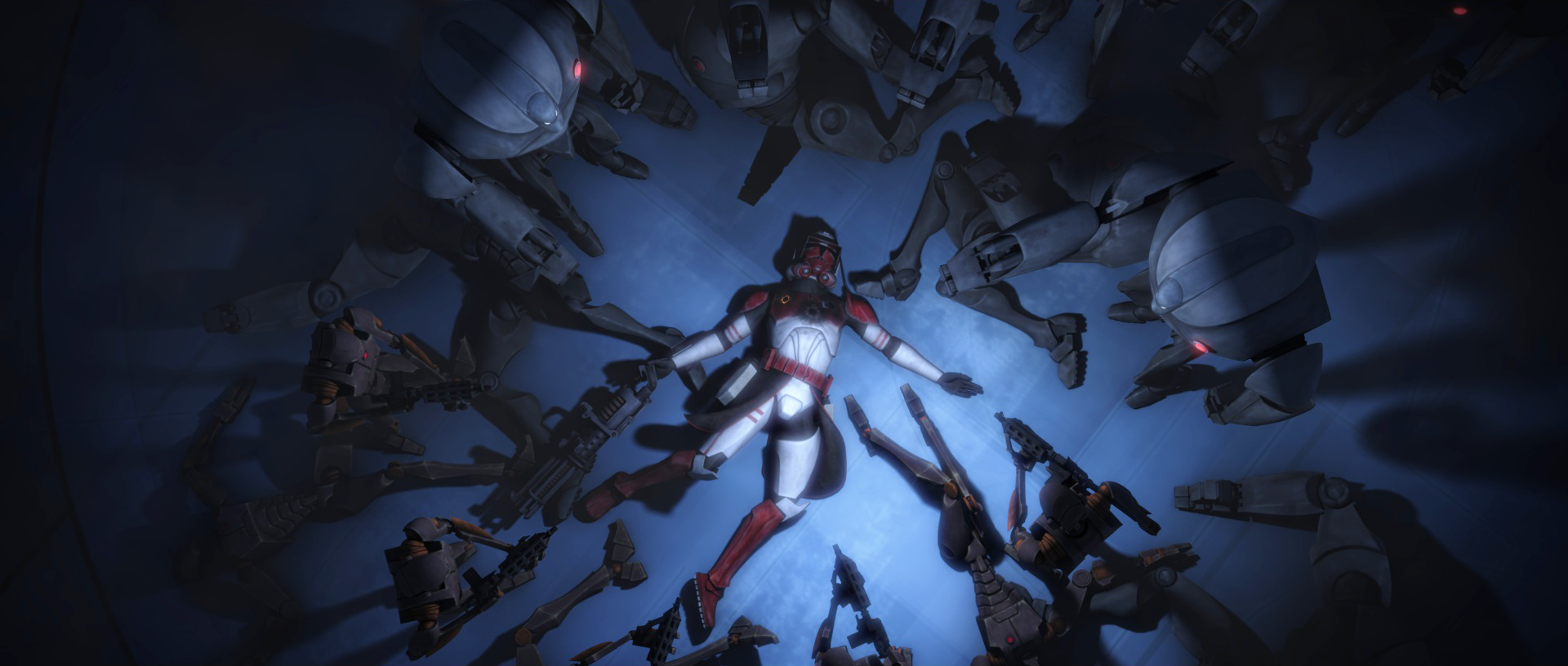 Commander Thorn fought against an overwhelming force of battle droids before dying.