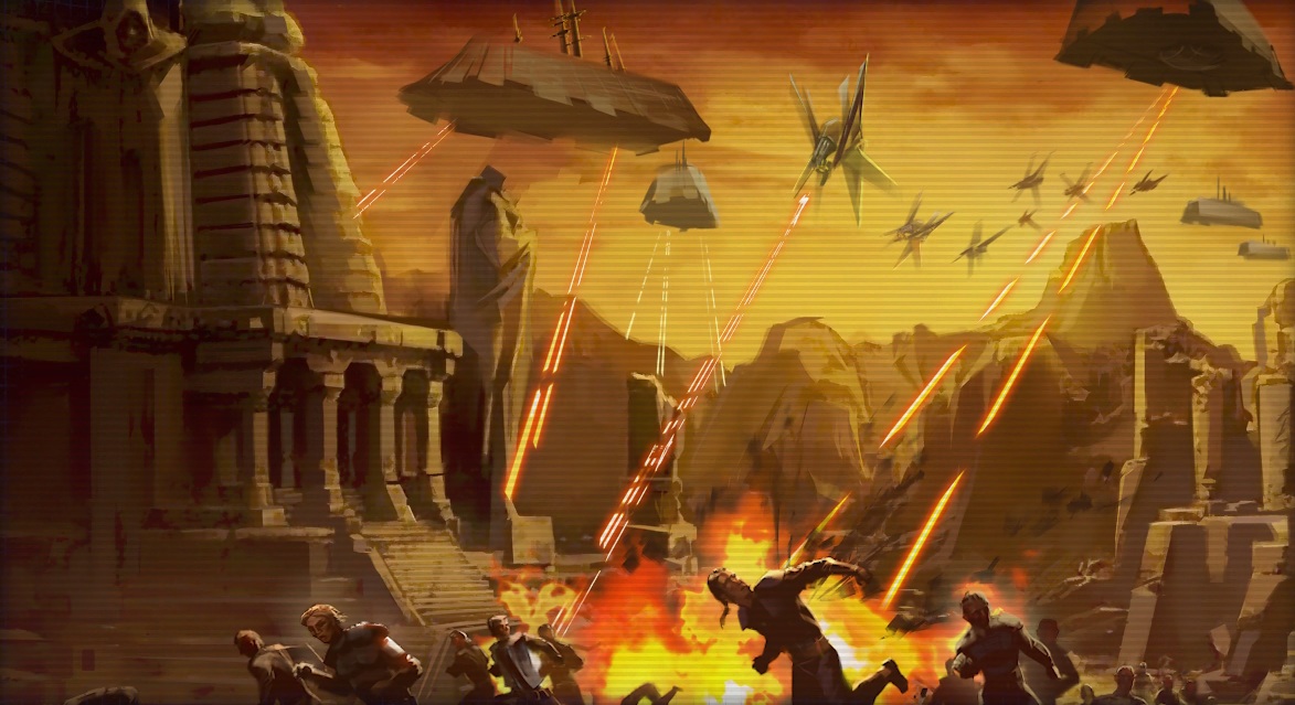 Republic battleships bombard the Valley of the Dark Lords.