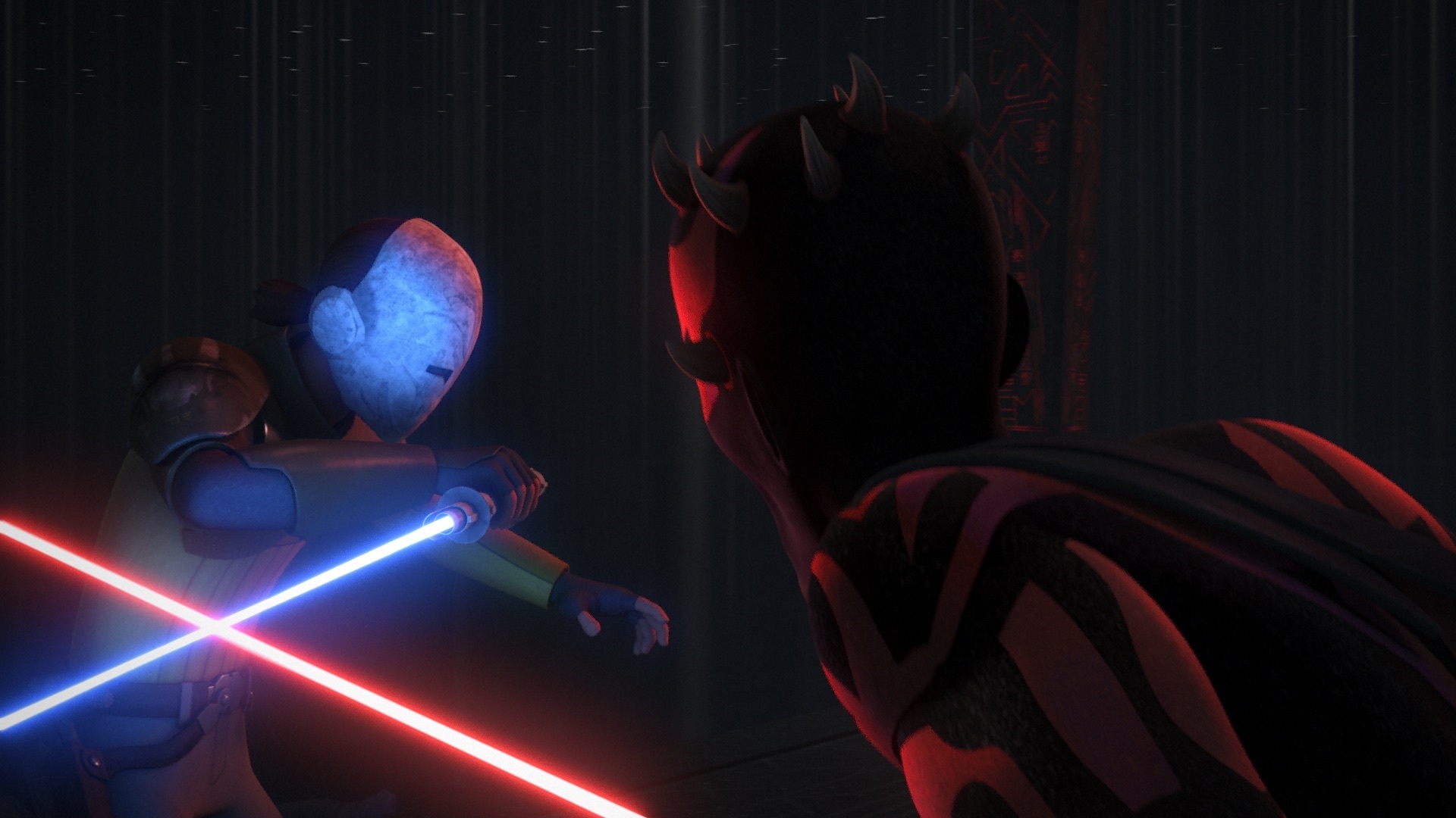 Kanan uses the Force to guide him against Maul