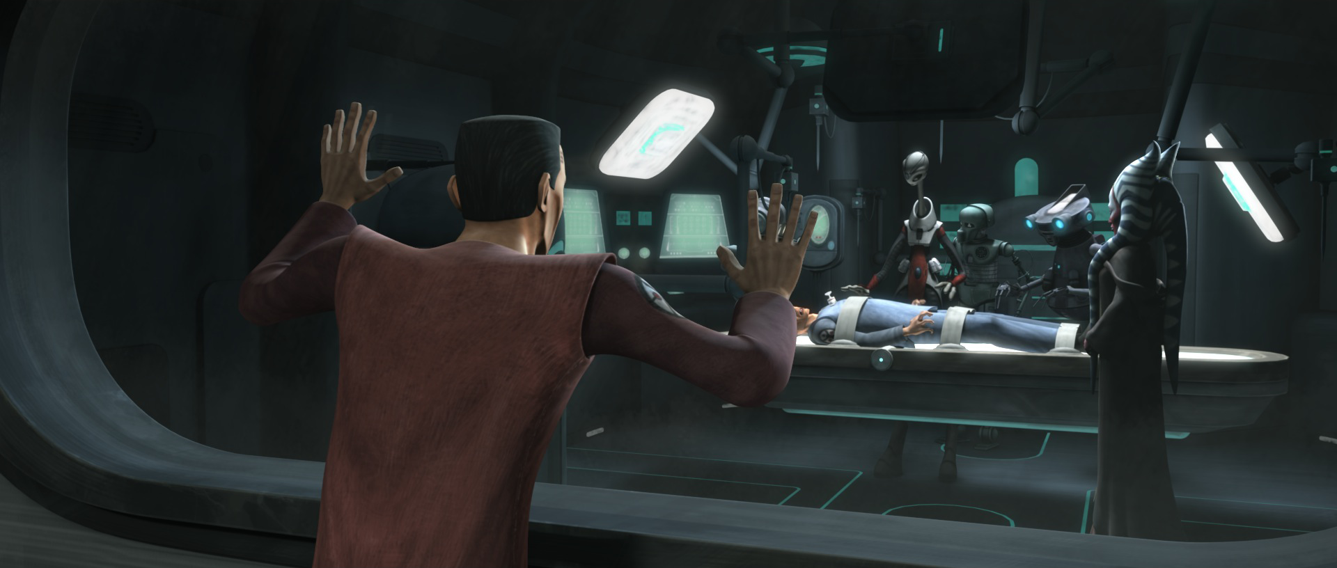 Shaak Ti watches over Tup's medical tests.