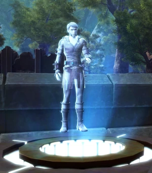 A blue hologram of Garon Jard is projected above a holoprojector with the forest of the Tythonian Gnarls visible in the background.
