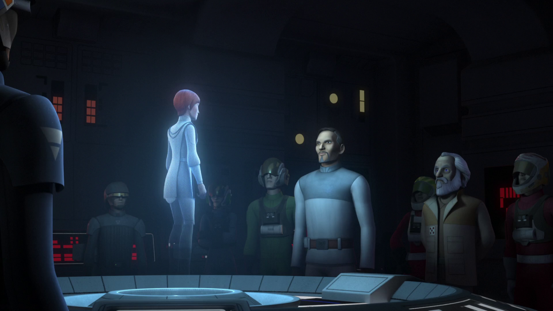 Organa listens to Mon Mothma's official Declaration of the Rebel Alliance.