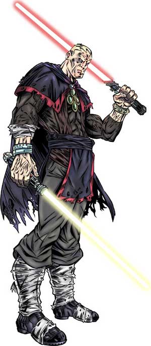 Jeng Droga, with his dual lightsabers drawn.