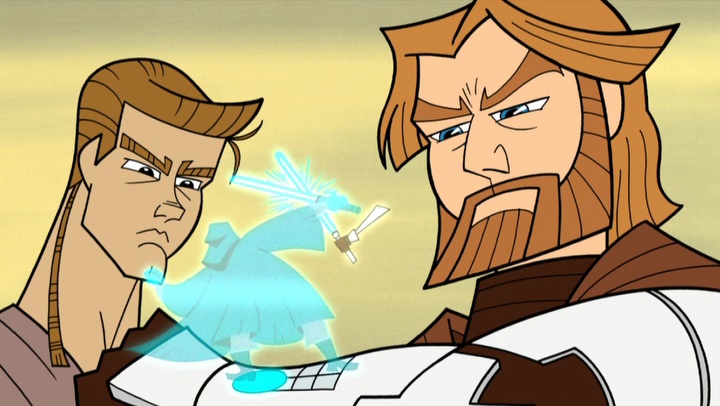 Anakin Skywalker and Obi-Wan Kenobi watch as Master Daakman Barrek duels with Grievous on Hypori.