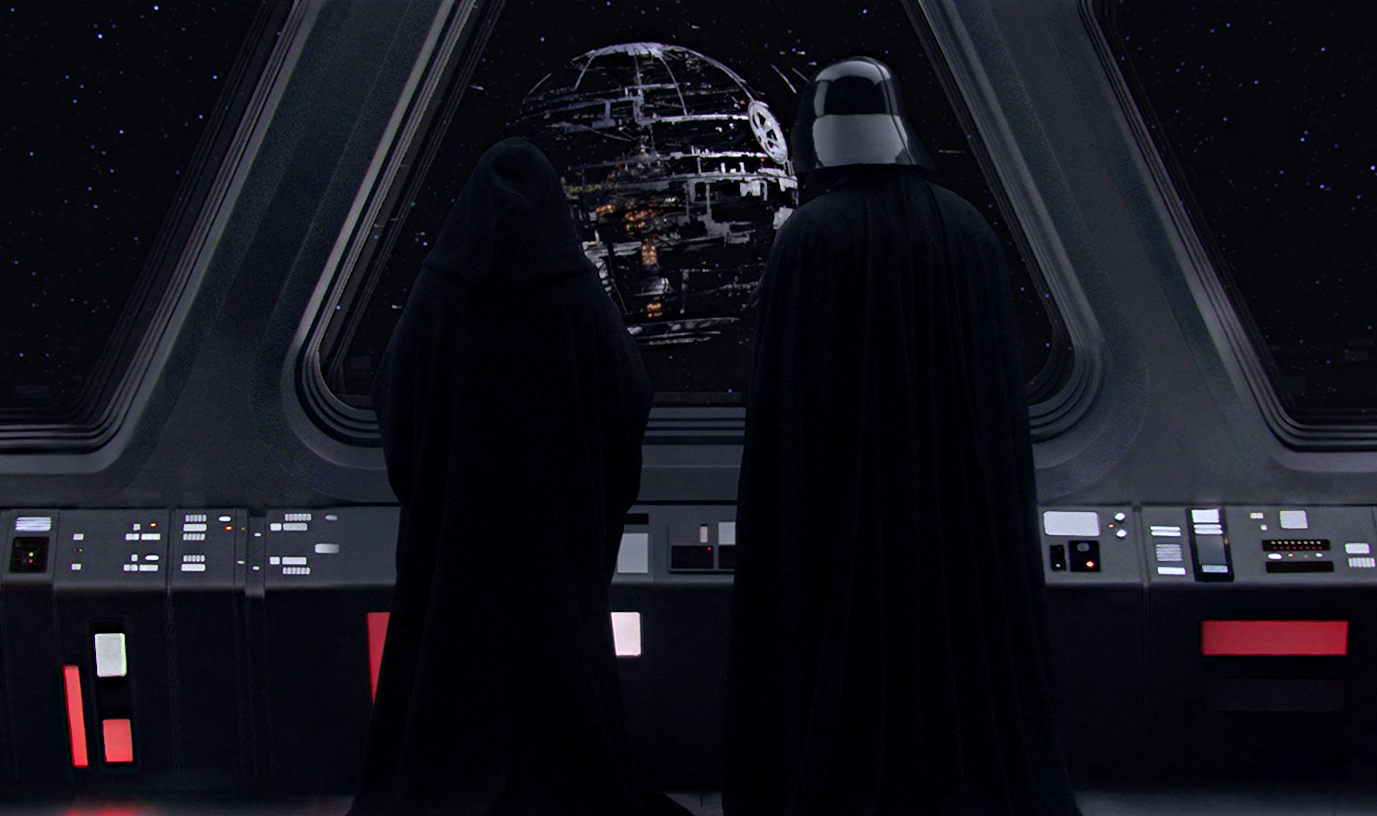 Darth Sidious and Darth Vader watch the fleet build the Death Star