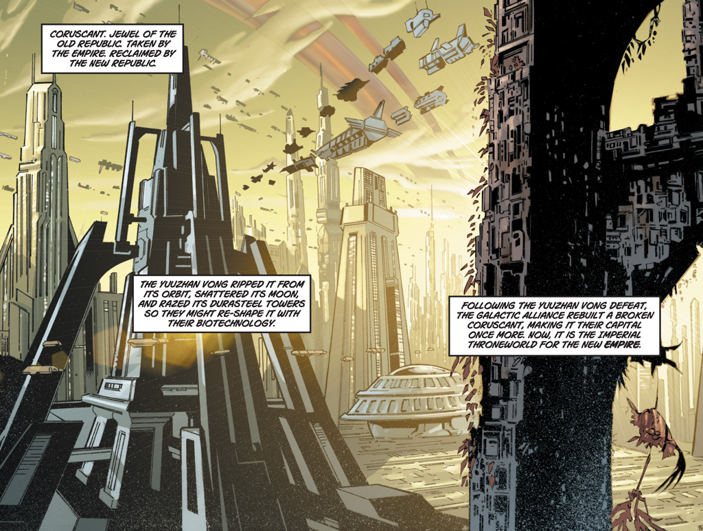 The Rings of Coruscant as seen from Coruscant's surface a century after the Yuuzhan Vong War