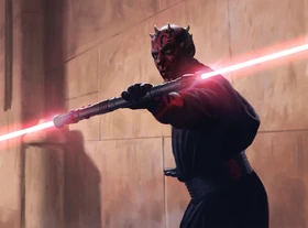 Maul revealing his double-bladed lightsaber on Naboo