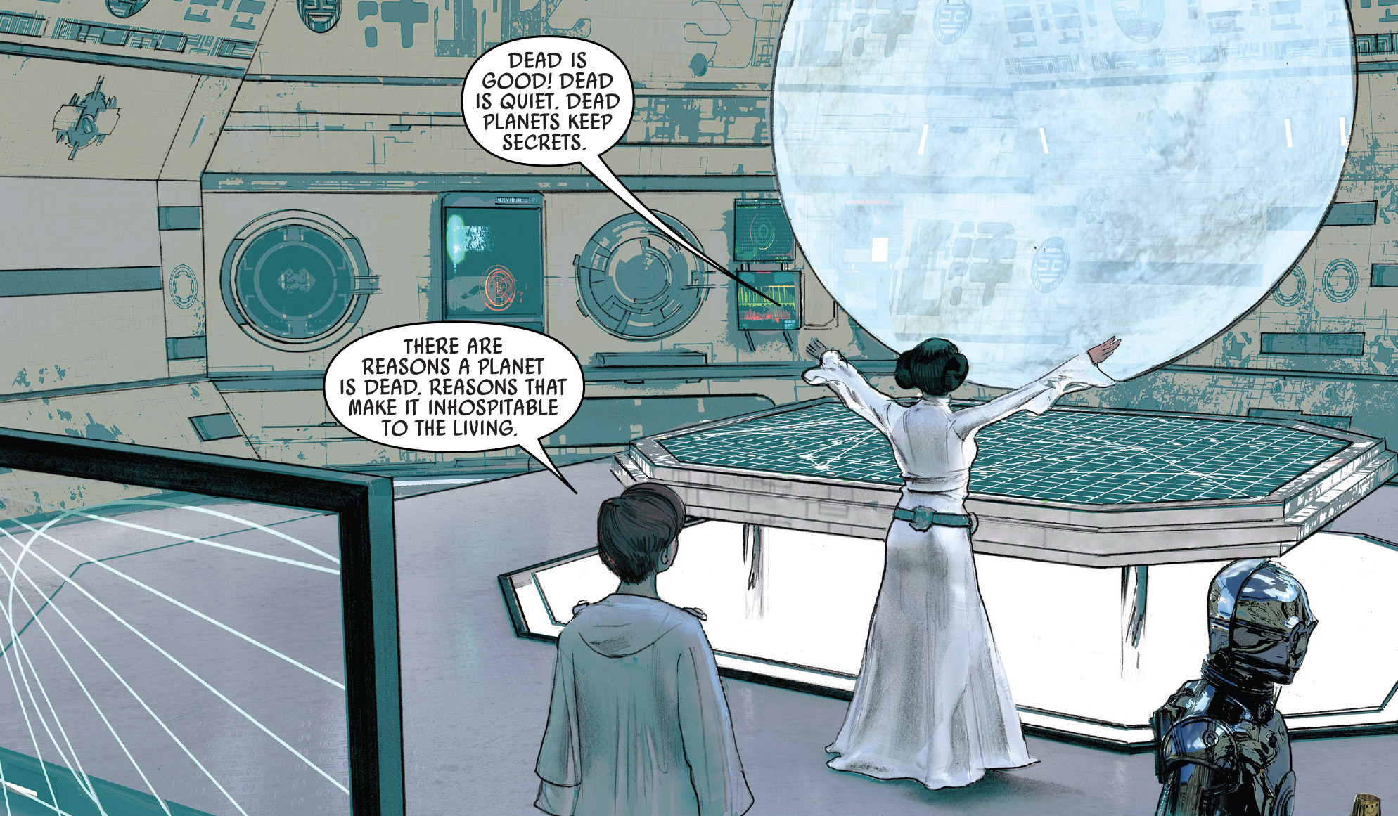 Leia Organa and Mon Mothma discuss Crait's attributes.