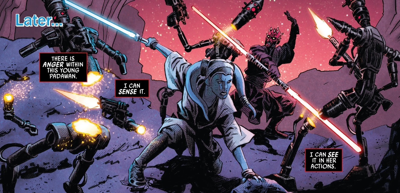 Maul and Kaitis fighting assassin droids on the moon of Drazkel