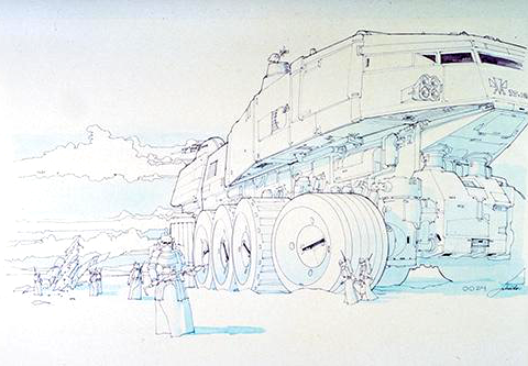 Battle of Hoth concept art by Joe Johnston featuring the wheeled tank that would be the basis of the HAVw A6.