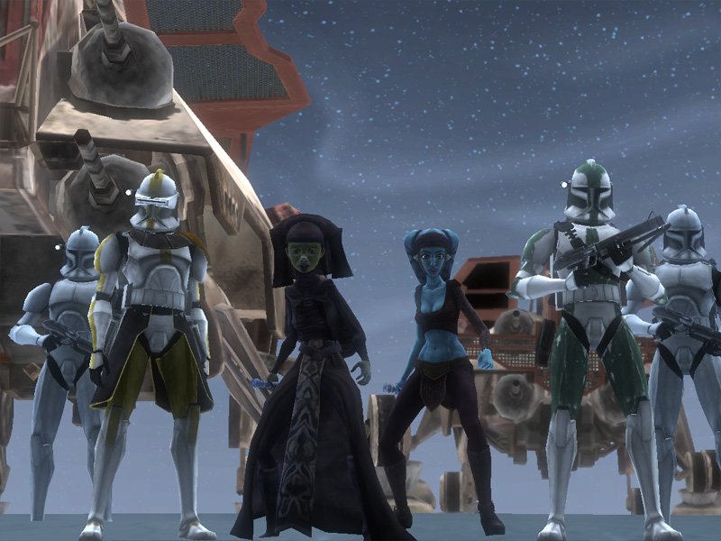 Luminara Unduli, Gree, Bly, Aayla Secura and clone troopers on Alzoc III.