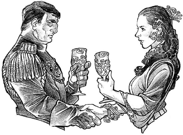 Imperial Governor Wilek Nereus and Alliance representative Leia Organa shaking hands.