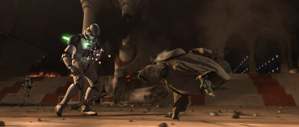 Yoda throws his lightsaber into the chest of a clone trooper during the break in.