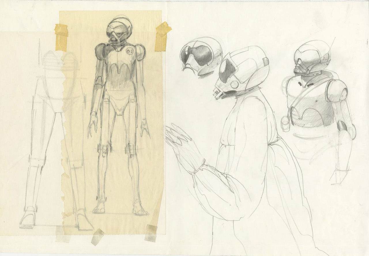 Early McQuarrie pencil sketches of the RA-7 protocol droid