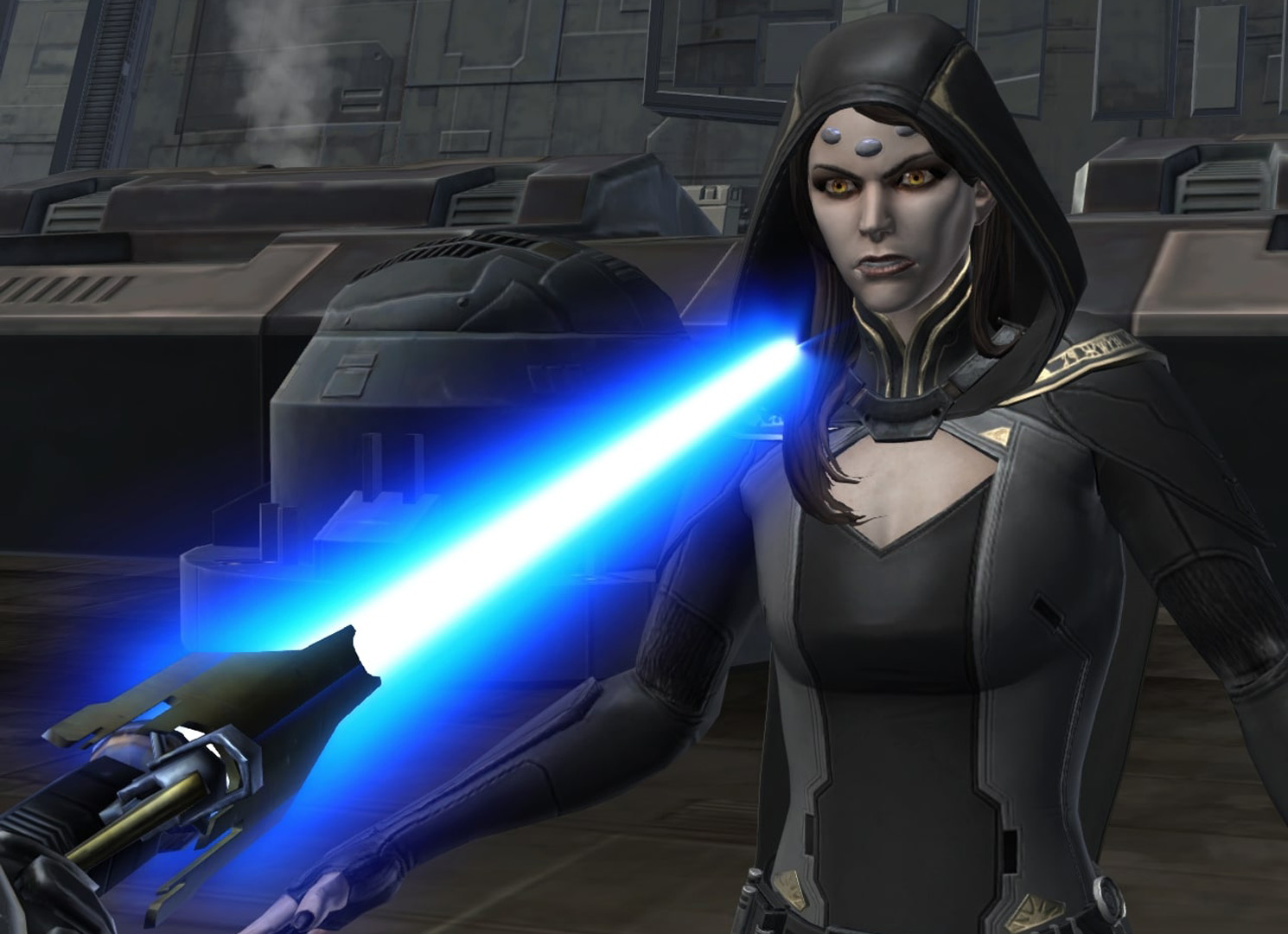 Senya points her lightsaber at Vaylin after disarming her.