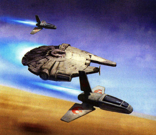 A YV-545 freighter being escorted by a pair of Pinook fighters.