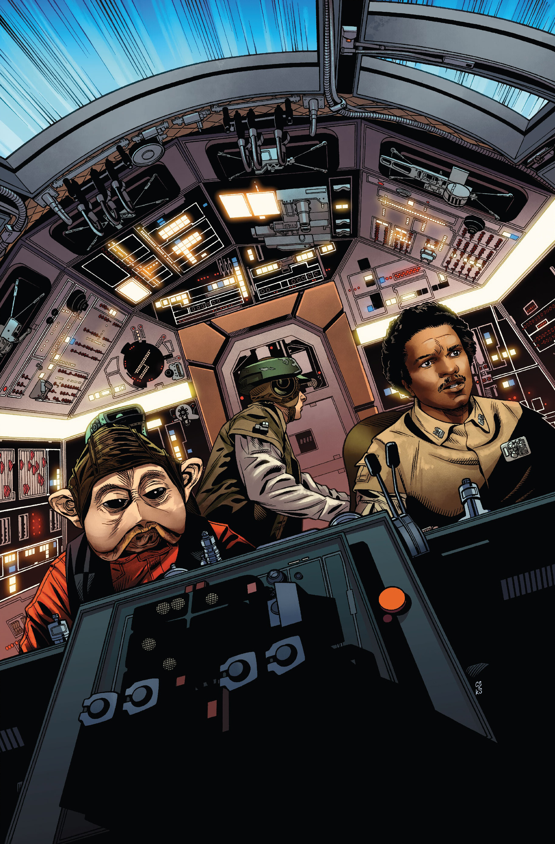 Nunb and Calrissian in the cockpit of the Millennium Falcon, just before the Battle of Endor.