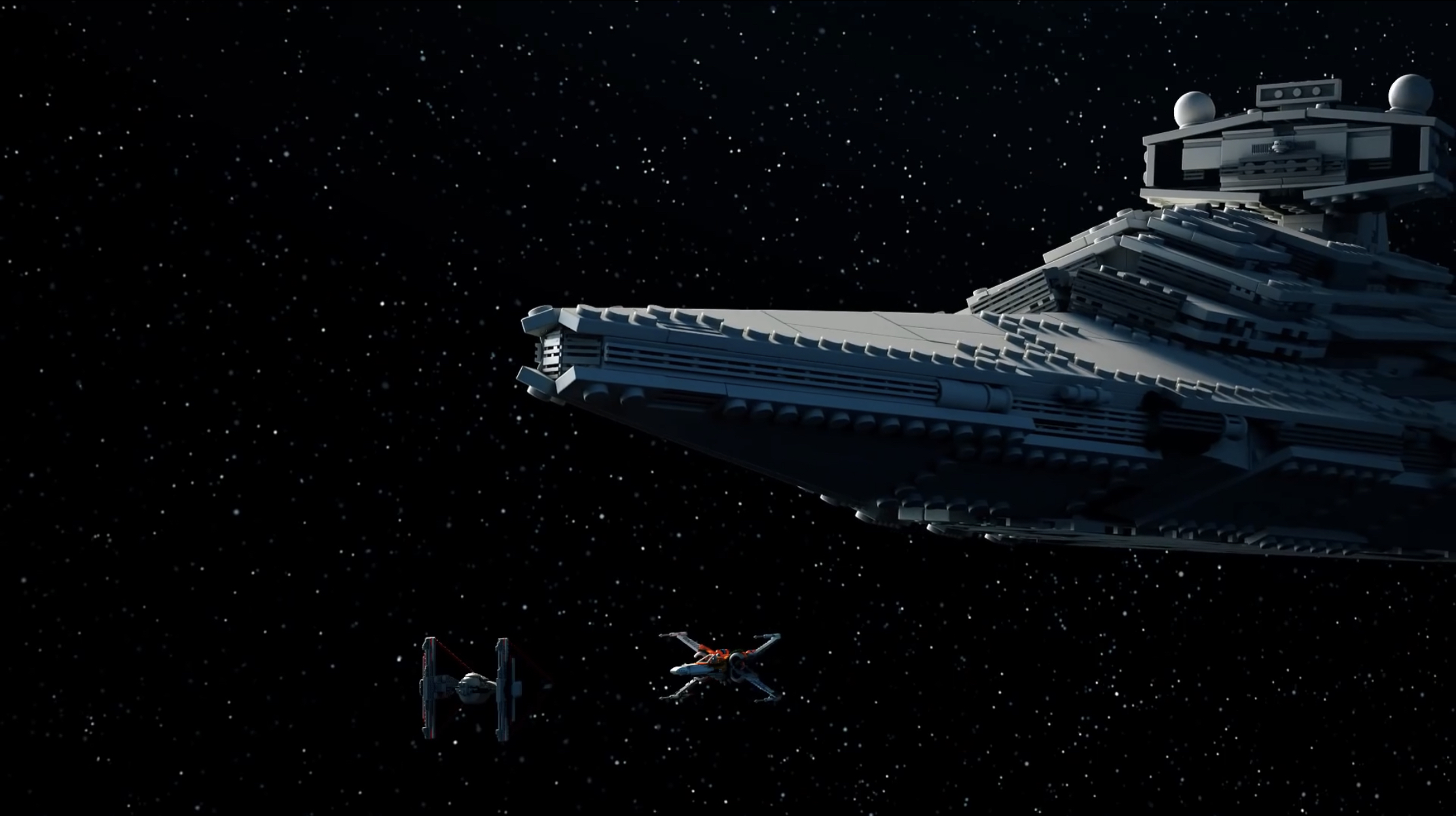 Poe's X-wing is overshadowed by a Star Destroyer