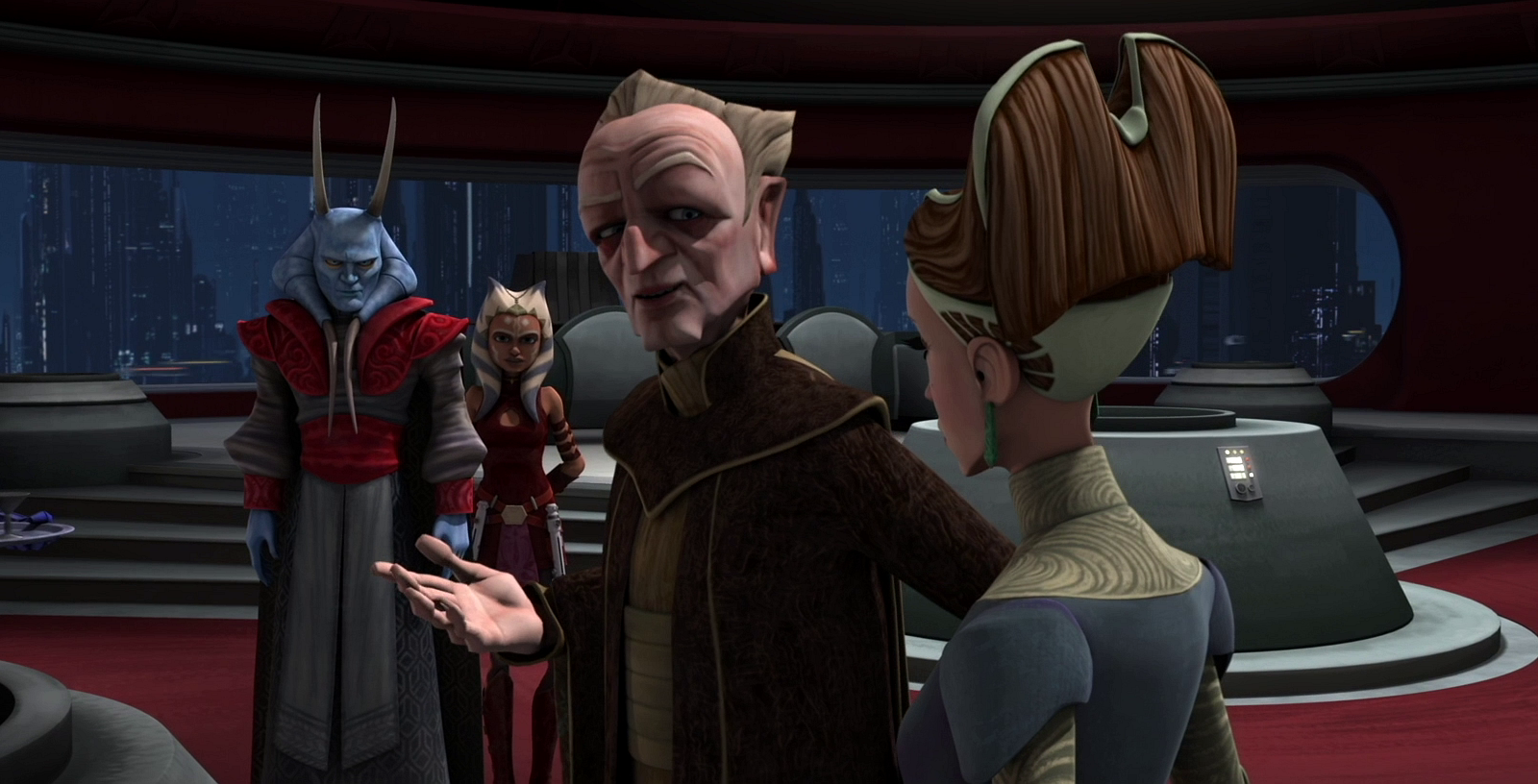 Amedda and Palpatine discuss the Separatist peace initiative with Senator Amidala and Padawan Tano.