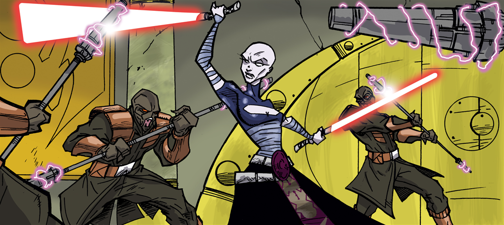 Ventress duels the king's bodyguards.