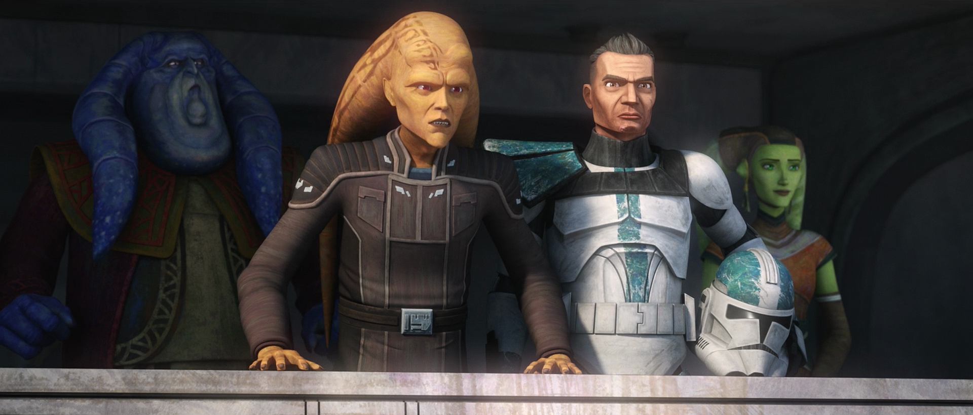 Captain Howzer stood beside Cham Syndulla as the latter gave a speech.