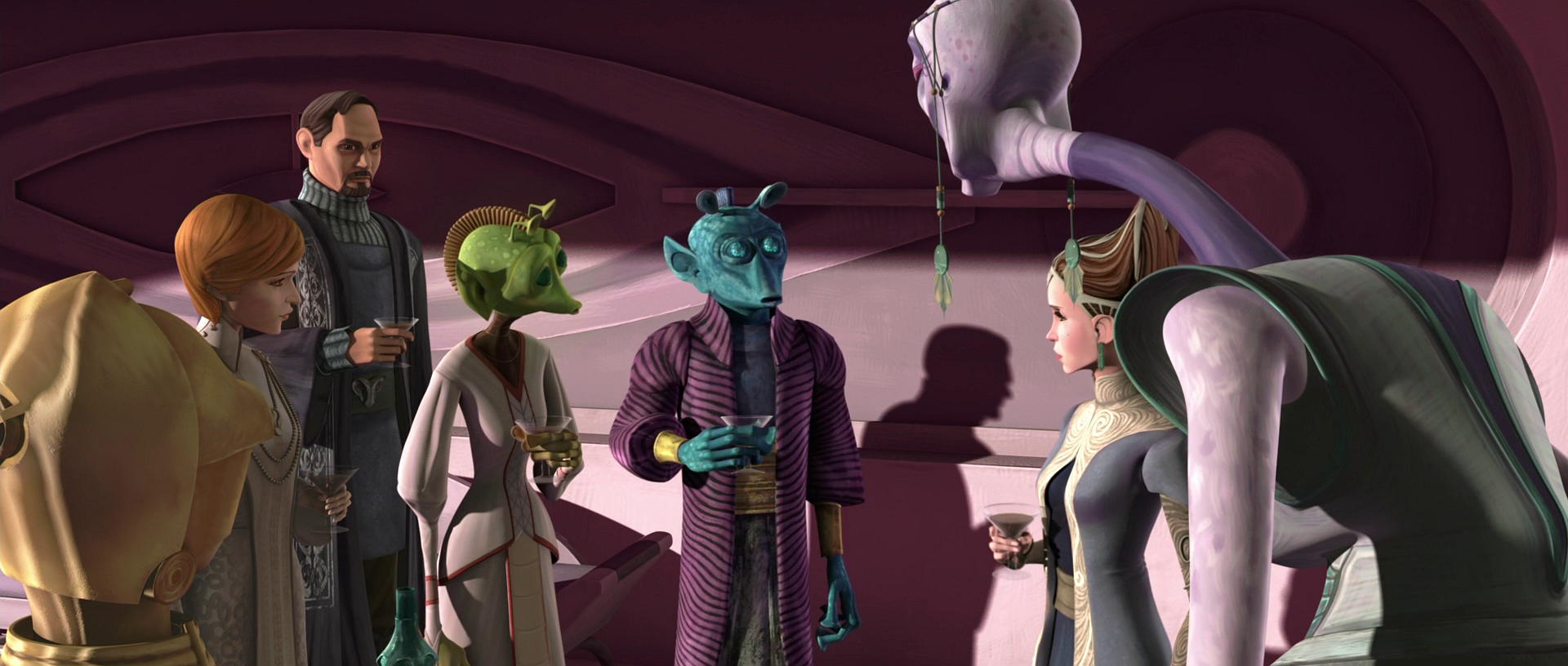 Senator Organa and his allies are confronted by their opponent, Halle Burtoni of Kamino.